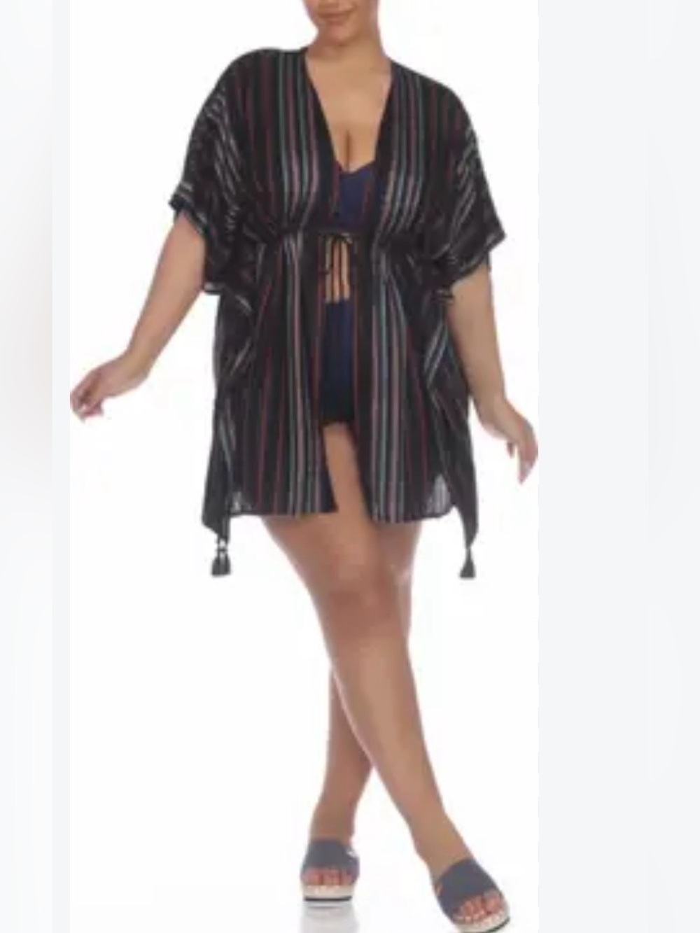 NWOT Raviya Lurex Striped Tie-Front Swim Cover-Up - Black